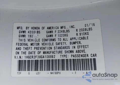 2016 Honda Accord Lx z USA, uszkodzony, nr VIN 1HGCR2F38GA106962